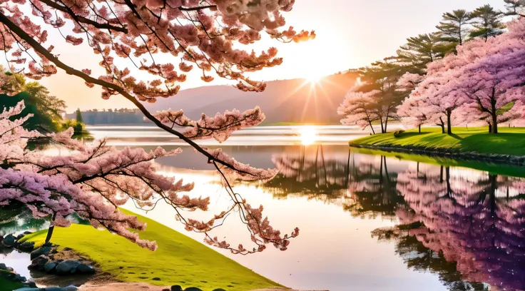 a beautiful pink flowered tree is in the foreground of a lake, pink tree beside a large lake, nature scenery, beatiful backgrounds, very beautiful scenery, peaceful landscape, very very very beautiful scenery, really beautiful nature, stunning nature in ba...