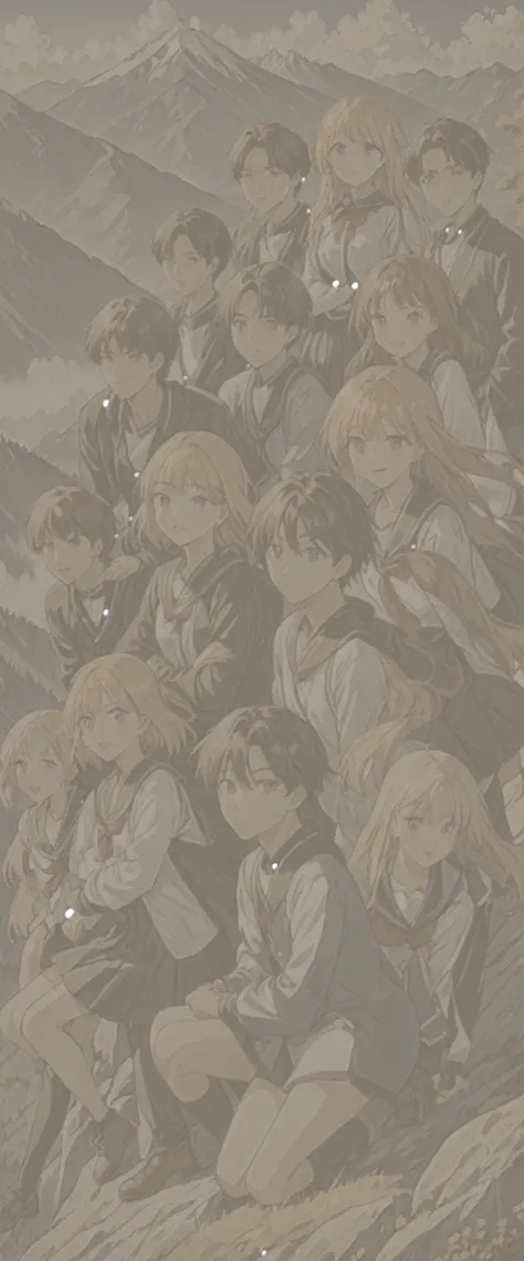 poster for a fictional anime entitled Scandalous with 9 teenage boys and girls posing on a mountain