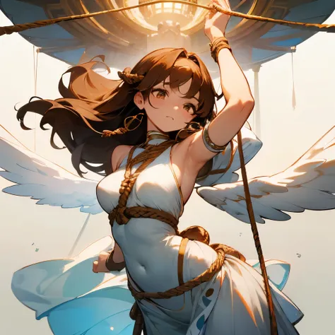 Goddess who lost the war with humans and was robbed of her freedom.、Both arms can be pulled up with ropes、bound body with rope、beautiful features、stylish body、tight waist、Long hair that reaches to the waist、brown hair、beautiful golden eyes、arms raised abov...