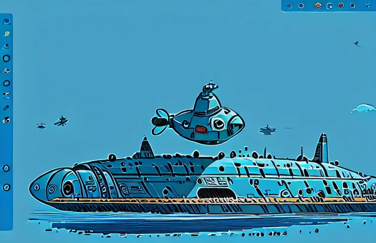 a close up of a drawing of a submarine with a hat on, Simple and clean illustration, submarine,blue, Cartoon and simplistic, spaceship, simple cartoon style