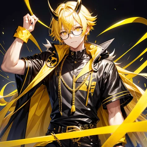 male, yellow hair, yellow horns, black clothes, clear lens glasses 