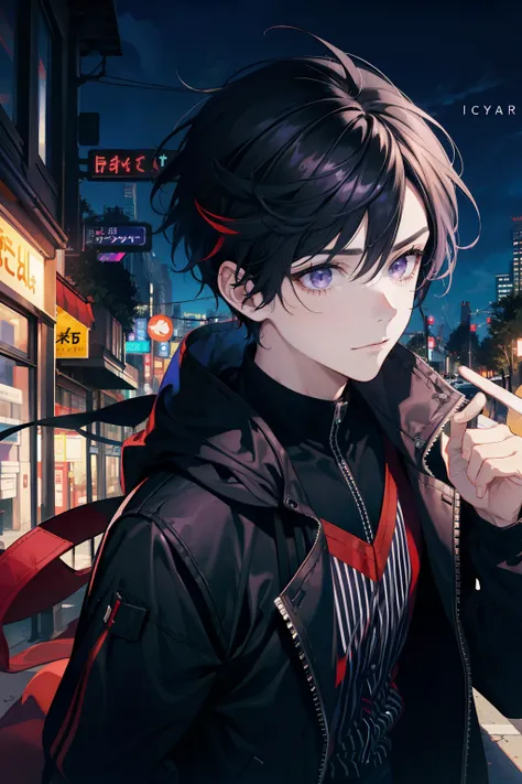 young, 1 boy, Short, bus stop, purple eyes, BLACK HAIR WITH RED STRIPES, tousled hair, bumps between the eyes, Best quality, day, masterpiece, eye-catching, black hood, upper body, viewers eye, slight smile, sly, facial focus, Dutch angle, 4k high-definiti...