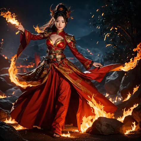 A man performs a fire show，The flames were ignited, eruption, appears as the fire goddess, Fire Serpent, Sorceress casts fireball, Breathing fire, fire demon, Dressed in tumult of flames, Breathing fire龙, fire goddess, cast fire spell, steampunk chandra fi...