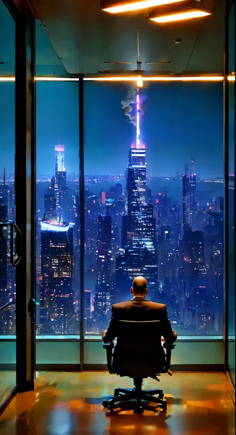 a skyscraper office in the big city, the cyborg man sits in a luxurious chair and holding a smoking cigar in his hand, high quality, absurdres, masterpiece, beautiful, intricate details, 1/2 body crop, slim body, beautiful figure, magnificent anatomy, (int...