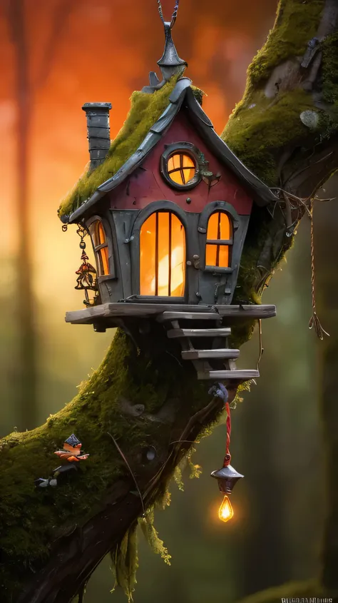 Close-up, zoom; A whimsical scene of a perched on a mossy tree branch with hanging tendrils, and a fairy house. The Dutch angle adds a dramatic effect. The background is a blurred forest view.; sunset stunning light effect,sky orangeband red,cinematic 3D m...