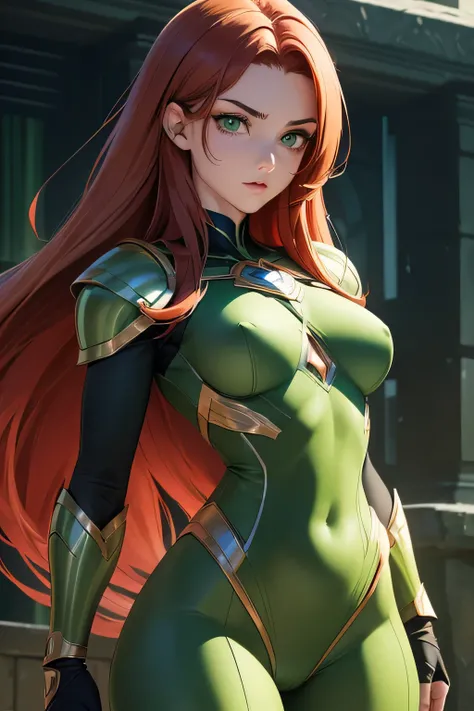 ((Masterpiece)) ((Perfect Face)) ((Beautiful)) ((Small Breasts)) ((portrait)) ((Wide Hips)) ((Broad Shoulders)) ((lithe physique)) ((black and green Super Hero Armor)) ((Super Powers)) ((Long Hair)) ((auburn Hair)) ((Pale Skin)) ((Glowing green Eyes)) ((Bu...