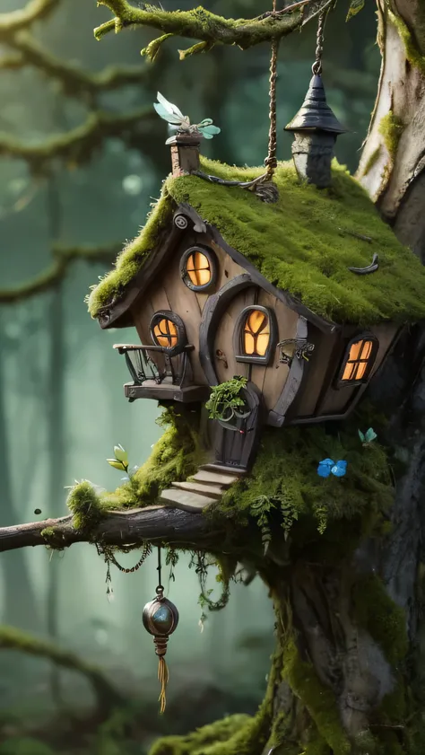 Close-up, zoom; A whimsical scene of a perched on a mossy tree branch with hanging tendrils, and a fairy house. The Dutch angle adds a dramatic effect. The background is a blurred forest view.; sunset stunning light effect,sky orangeband red,cinematic 3D m...