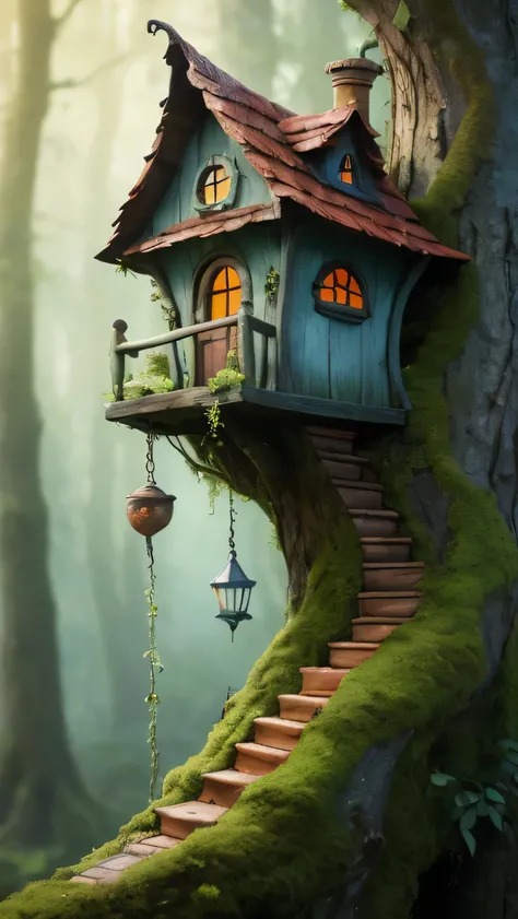 Close-up, zoom; A whimsical scene of a perched on a mossy tree branch with hanging tendrils, and a fairy house. The Dutch angle adds a dramatic effect. The background is a blurred forest view.; sunset stunning light effect,sky orangeband red,cinematic 3D m...