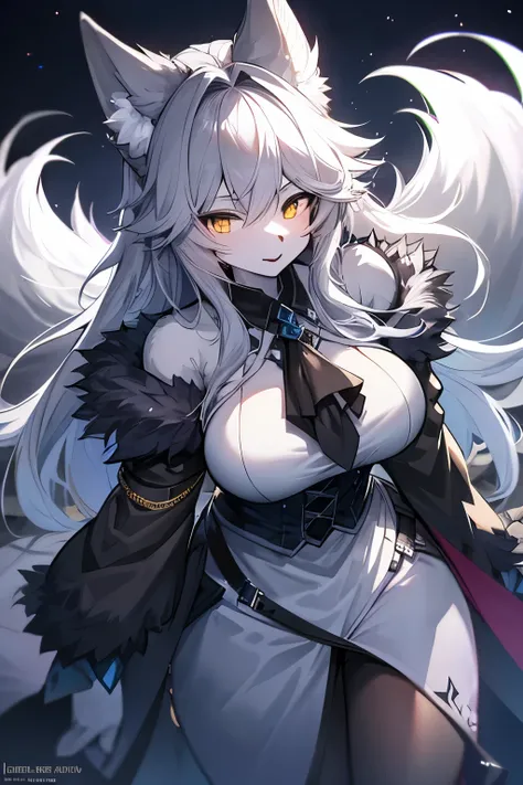 furry, female, great grey wolf, night, glowing hairs, fluffy tails, breasts,