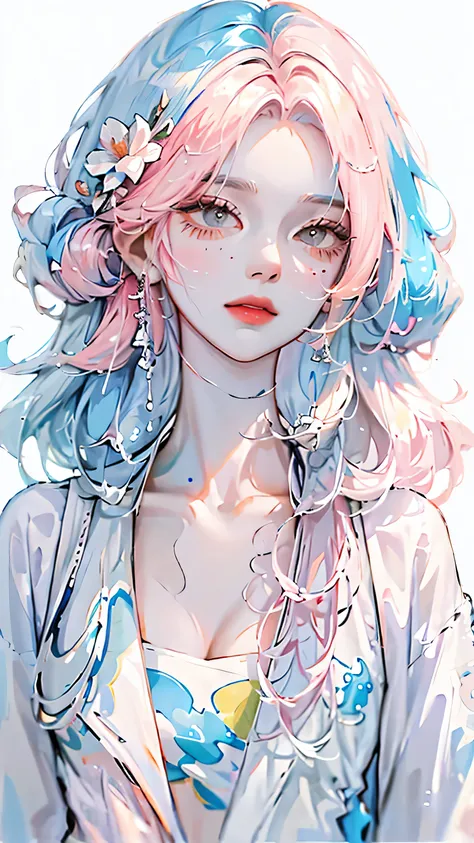 (masterpiece, best quality, High resolution), White background, acrylic paint, ((color splash, splash ink, color splash)), sweet chinese girl, Long light blue hair, [light blue|Pink] hair, Curly hair, flash, peach lips, White shirt, front, Upper body