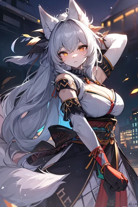 furry, female, great grey wolf, night, glowing hairs, fluffy tails, breasts, tribal outfit