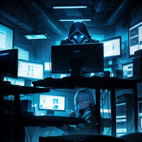 In the depths of a dimly lit hackers lair, the background image reveals a mosaic of complex circuits and blinking lights. Empty computer screens with glowing monitors dominate the scene, their cold, blue screens casting an eerie glow across the room. A sin...