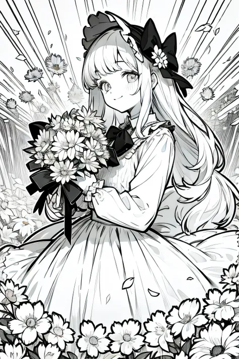 masterpiece, best quality, I gril, Solo, long hair
looking at viewer, smile, bangs, skirt, shirt, long sleeves, hat, dress, bow, holding, closed mouth, flower, frills, hair flower, petals, bouquet, holding flower, center frills, bonnet, holding bouquet, fl...