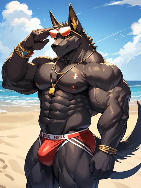 Anubian jackal, anubis, good looking, male, anthro, ultradetailed, muscular, solo, bareness, rippling muscles, muscles, beach background, tail, smiling, big pecs, looking at viewer, lifeguard jockstrap, sunglasses, whistle, bara,