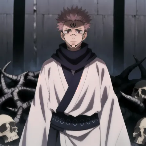 masterpiece,high quality,solo,
RyomenSukuna,1man,
blue scarf,japanese clothes,white kimono,wide sleeves,long sleeves,
obi,
tabi,zouri,
hell,shadow,shadowed face,skull,