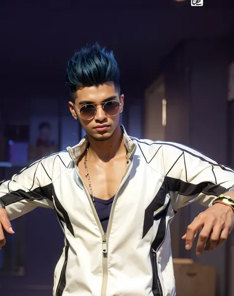 handsome young man with blue hair and sunglasses, realistic