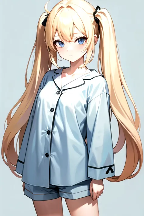 , blonde , long hair , twin tails , looking at the viewer, cowboy shot,  are standing,  1 girl, upright , light blue pajamas, pa...