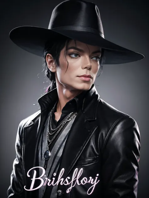 frontal portrait of michael jackson（1 male）[1987 Michael Jackson-BAD album cover]modeling，purse lips；small brimmed hat；Strong body，broad shoulders。Black and silver suit。Gorgeous background，Danger Album Cover Background。Facial clarity，3D art；Ultra clear det...