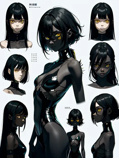 (Character sheet list), concept arts, multiple poses and expressions, short stature, knee length portrait, insect girl, dark black skin, black skin, smooth chitinous skin, ((dividing lines on skin)), long black messy hair, (long messy hair) , yellow eyes, ...