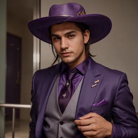 Joven de cabello plateado sujeto con una cinta con mechones irregulares que caen alrededor de sus orejas, ojos color violeta, rasgos suaves y delicados, handsome and dressed in a suit with a plum-colored vest and crimson tie, usando un sombrero de copa col...