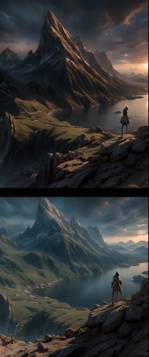 ((masterpiece, highest quality, Highest image quality, High resolution, photorealistic, Raw photo, 8K)),  Alien Landscap, mountains with a person standing on a hill in the distance, most epic landscape, an epic landscape, epic landscape, impressive fantasy...