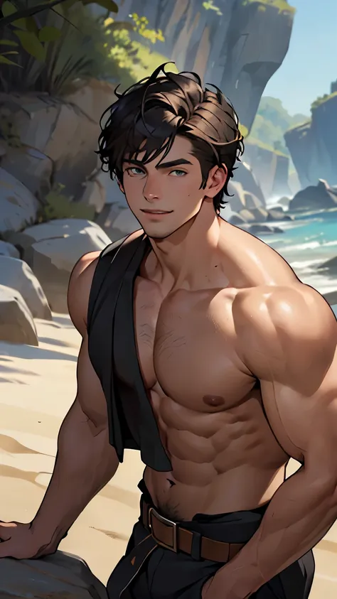 Head to knees image, close image (1man, shirtless, ripped muscles, topless, massive)), jet black dark hair, hair moved by the wind, short hair with bangs that fall over the forehead and on both sides of the face, masculine, human, attractive, handsome (det...