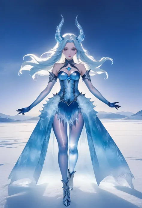 an ice female demon、Standing in the frozen snow field、Witch wearing pale armor, ((sexy costume:1)), SEXY female devil,