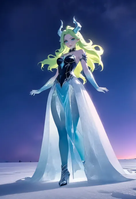 an ice female demon、standing in the frozen snow field、witch wearing pale armor, ((sexy costume:1)), sexy female devil, ((aurora ...