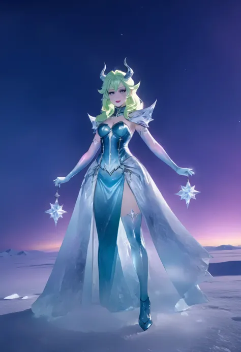 an ice female demon、Standing in the frozen snow field、Witch wearing pale armor, ((sexy costume:1)), SEXY female devil, ((aurora in the night sky)), 