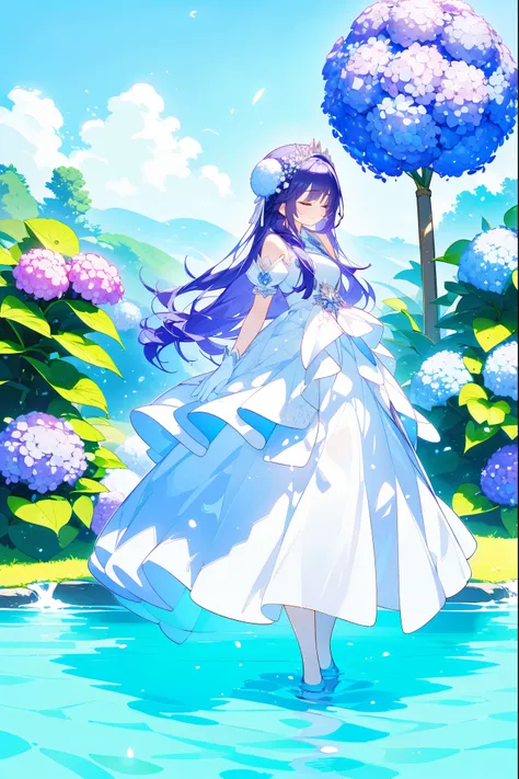 1girl, full body, a woman is standing in front of water with a white dress and purple hair, 1girl, solo, flower, dress, hydrange...