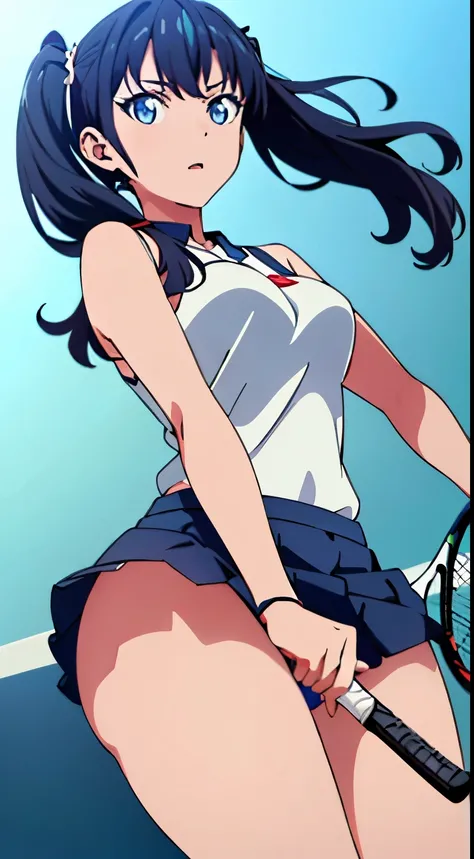 masterpiece, highest quality, High resolution,takarada rikka,anime,1 girl, black hair,blue eyes,(tennis wear,twin tails,Tennis court),stylish pose,looking at the viewer,in the center of the image, (lively_color:1.2) (beautiful_medium breasts:1.3), (beautif...