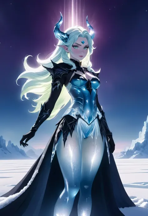 (8k, highest quality, masterpiece: 1.2), (realistic, realistic: 1.37), super detailed, an ice female demon、standing in the froze...