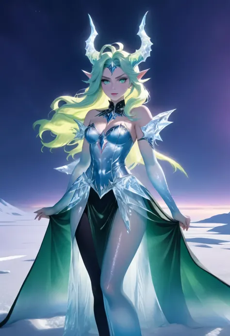 (8k, highest quality, masterpiece: 1.2), (realistic, realistic: 1.37), Super detailed, an ice female demon、Standing in the frozen snow field、Witch wearing pale armor, ((sexy costume:1)), SEXY female devil, ((aurora in the night sky)), 