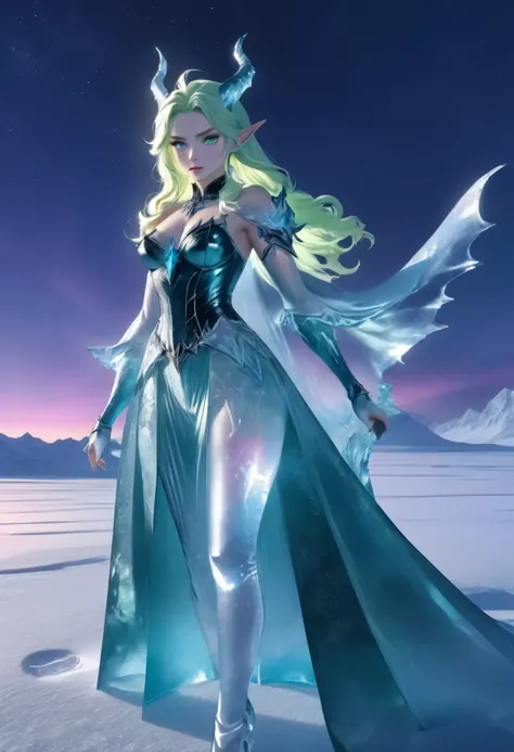 (8k, highest quality, masterpiece: 1.2), (realistic, realistic: 1.37), Super detailed, an ice female demon、Standing in the frozen snow field、Witch wearing pale armor, ((sexy costume:1)), SEXY female devil, ((aurora in the night sky)), 