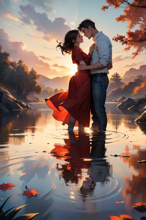 A dusk sky with lovers:
Male and Female Focus,
Designed silhouettes,
Intimate embrace,
Softly lit by the setting sun,
Golden hour hues,
Perfectly aligned figures,
Gentle gazes exchanged between them,
Matured male, wearing a simple t-shirt and jeans,
Female...