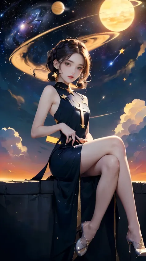 (((Masterpiece))),((top quality)),one beautiful girl,Pale, (A character who personifies the universe: 1.5), (((hair is a star:1.5)))、(planet dress:1.5)))、(belly button)、(sun:1.5),(plain clothes), (skin revealing),(The background is the night sky 1.5).(((fr...