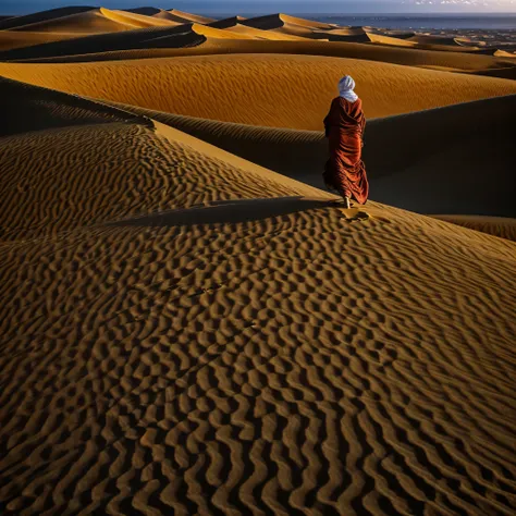 a european woman, blowing long hijab, walking on top of sahara sand dune view, from behind, face hidden, throwing glowing sand i...