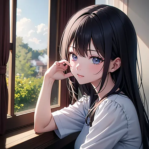 A cute girl sleeping on the bed，In a comfortable room，There is a window looking out at the natural scenery outside。Smoke rises from the air freshener on the bedside table。The style is anime，Cartoon，The background is detailed with pastel colors and dark gra...