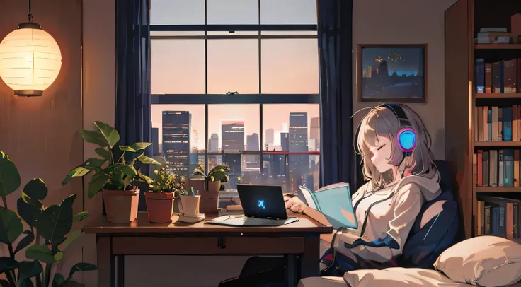 figure, young girl, headphones, write, lamp, cozy room, at night, cityscape, wooden table, potted plants, sleeping cat, Book, window, Bookhelf, synthwave.