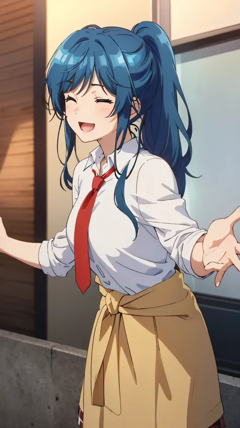 best quality, (masterpiece:1.2), detailed,
1girl, solo, smile, open mouth, light blush,
blue hair, blue eyes, wink, one eye closed, long hair, ponytail,
, white shirt, red tie, pleated skirt, sweater around waist,
standing, outstretched  hands behind 
outd...