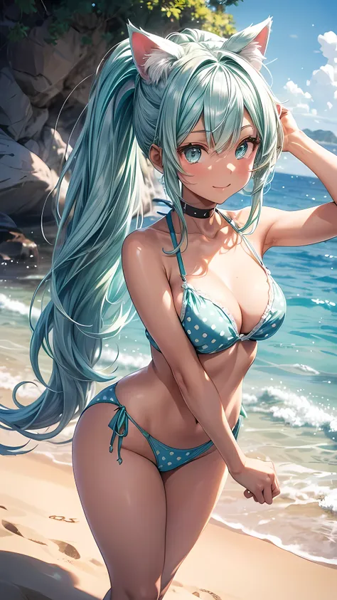 POV: behind character, 1 female, dark skinned cat girl, (((dark skin))), (((mint colored cat ears))), ((appearance: silver hair clip, radiant aqua colored eyes,)), ((hair: long mint green hair, ponytail, side bangs, mint green hair, mint green cat ears, wh...