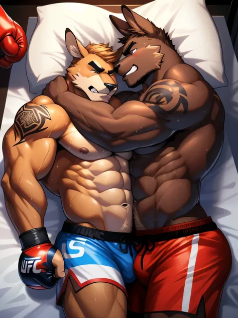 Duo male furry fighters(Black Kangaroo vs Brown Kangaroo, handsomes, Thick eyebrows), beso gay((Cuddling lying down embraced in a UFC match ground)(cuddling body frottage)), hot(Full body, shirtless), handsomes(They are handsomes, correct anatomy), musculo...