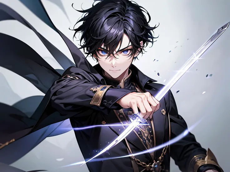 1 man, black hair, magician with sword struck to the ground, mysterious vibe, masterpiece, white background, delighted face and details, high quality, digital painting, official wallpaper, detailed eyes, face to detail, perfect body