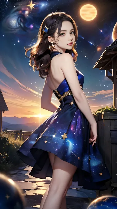 (((Masterpiece))),((top quality)),one beautiful girl,Pale, (A character who personifies the universe: 1.5), (((hair is a star:1.5)))、(planet dress:1.5)))、(belly button)、(sun:1.5),(plain clothes), (skin revealing),(The background is the night sky 1.5).(((fr...