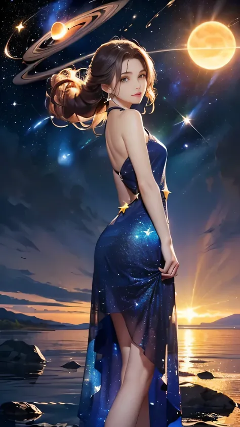 (((Masterpiece))),((top quality)),one beautiful girl,Pale, (A character who personifies the universe: 1.5), (((hair is a star:1.5)))、(planet dress:1.5)))、(belly button)、(sun:1.5),(plain clothes), (skin revealing),(The background is the night sky 1.5).(((fr...