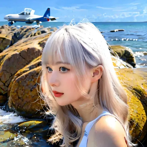 ultra high res.photorealistic:.1.4, uhd, bottom-up angle, girl is wearing droptop, blue sky background, there is a plane on the ...