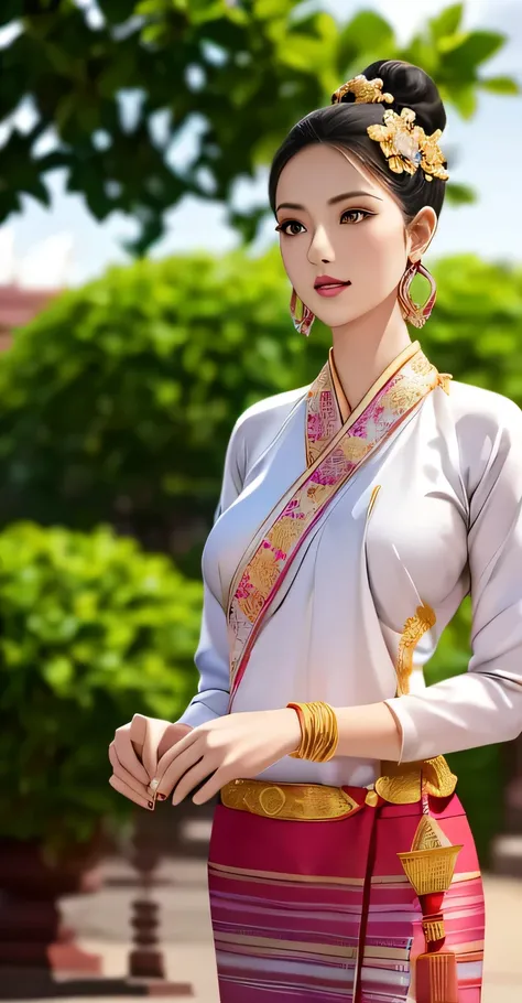 master-piece, 1girl best,looking at the audience,outdoor, Bagan temple,full body,Seduction,clean,Exquisite Face,pure face, captivating beautiful eyes, pink lips, Fair-skinned,sexy pose,((Traditional northern Thai Lanna costume)), ((Keng Tong Tai Khun tradi...