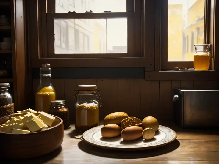 spices, butter in a kitchen, still life, on the plate, in a jar, beautiful natural light, art+commerce, classic composition (timothy hogan), desaturated colors (saul leiter), old vintage look