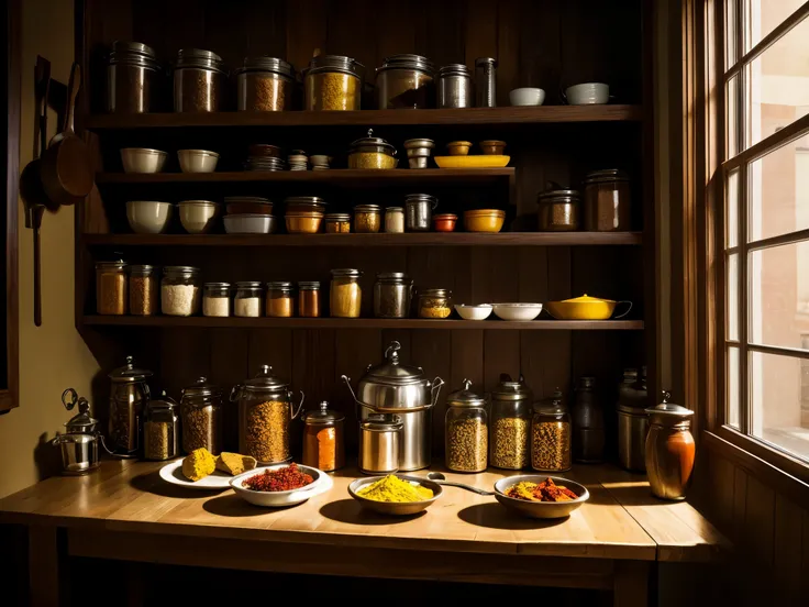 indian spices, butter in a kitchen, still life, on the plate, in a jar, beautiful natural light, art+commerce, classic composition (timothy hogan), desaturated colors (saul leiter), old vintage look