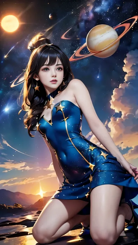 (((Masterpiece))),((top quality)),one beautiful girl,Pale, (A character who personifies the universe: 1.5), (((hair is a star:1.5)))、(planet dress:1.5)))、(belly button)、(sun:1.5),(plain clothes), (skin revealing),(The background is the night sky 1.5).(((fr...